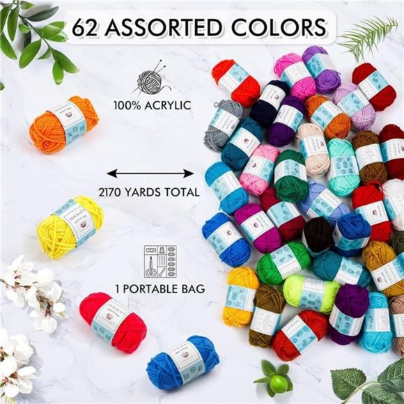 62 Acrylic Yarn Skeins,2170 Yards Yarn for Knitting and Crochet,Includes 2 Hooks - Picture 2 of 8